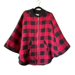 Buffalo Check Black Red Front Zip Pockets Festive Fall Poncho O/S